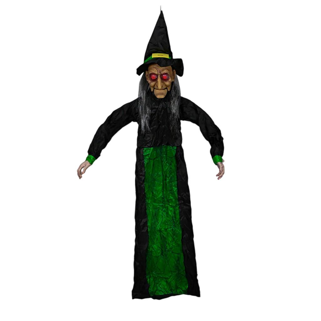 Horror Halloween Witch Hanging Electric Open Mouth Induction Light Sound Green Haunted House Witch Decoration