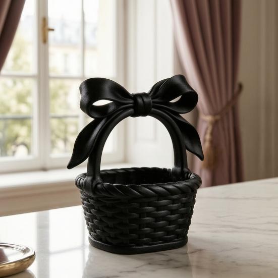 Mini Woven Basket with Handle Small Storage Basket with Bow Resin Desk Organizer for Dollhouse Accessory Home Decoration