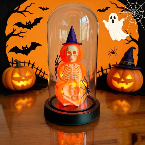 Yousheng Halloween Decoration, Lighted Skeleton in Clear Dome Cloche with Warm Glow, Battery Operated Skull Lamp with Witch Hat for Tabletop Mantel