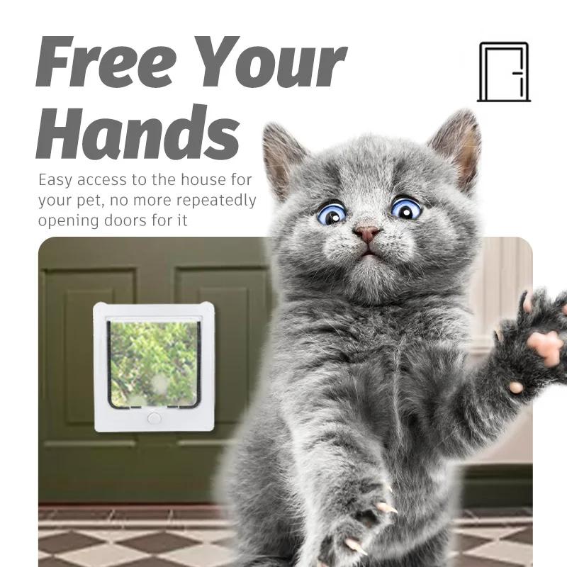 Cat Flap Door with 4 Way Security Lock Controllable Switch Transparent ABS Plastic Gate Puppy Kitten Safety In&out Pet Doors Kit