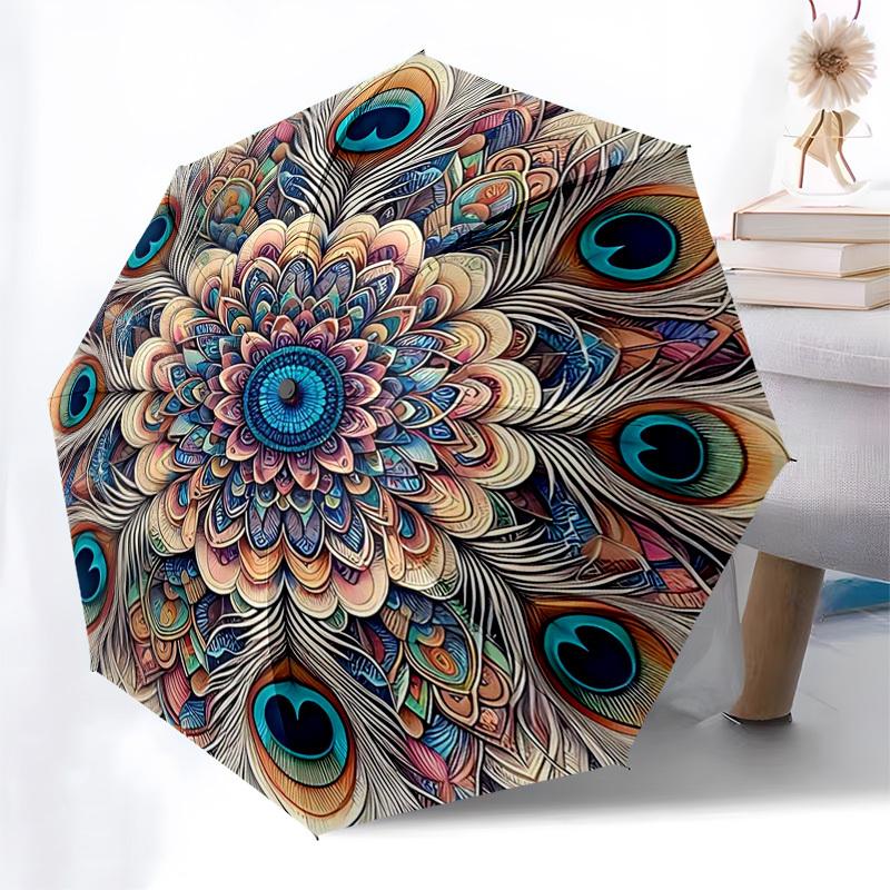

1pc Peacock Feather Mandala Automatic Folding Umbrella - Portable 3-Fold Design, 8-Bone Iron Frame Outdoor Umbrella, Ideal Gift for Fans, Travelers, D
