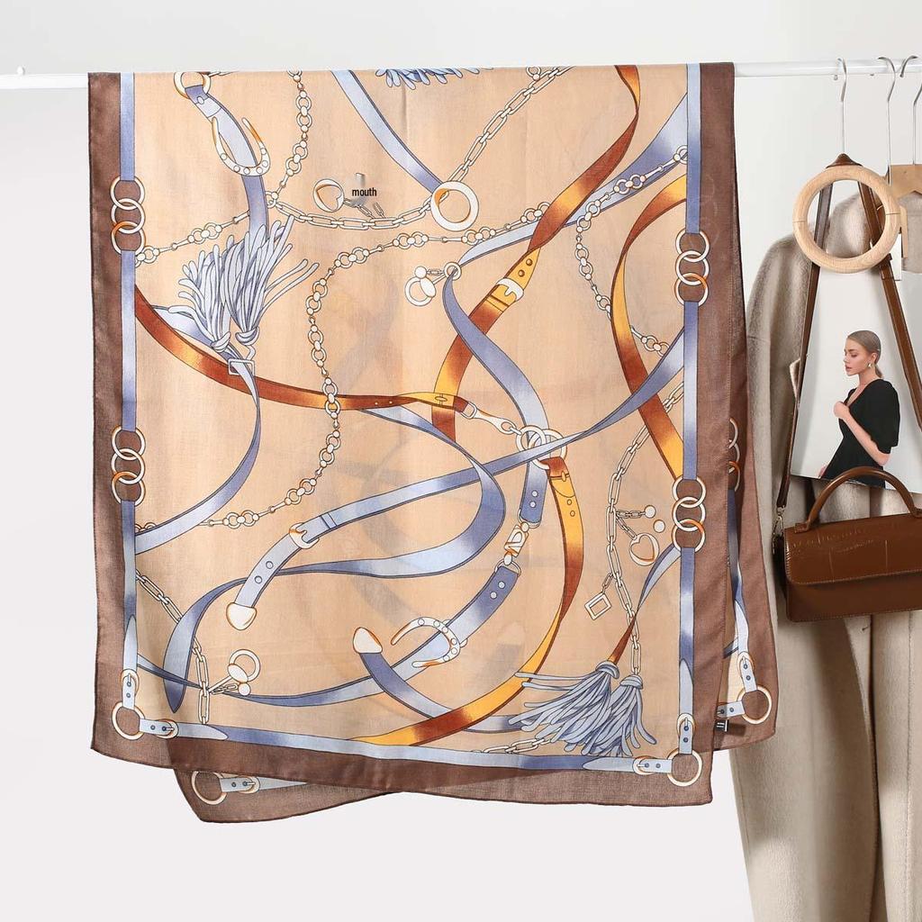 European & American Retro Leather Buckle Chain Print Women's Silk Scarf - Spring/Autumn Fashion Accessory