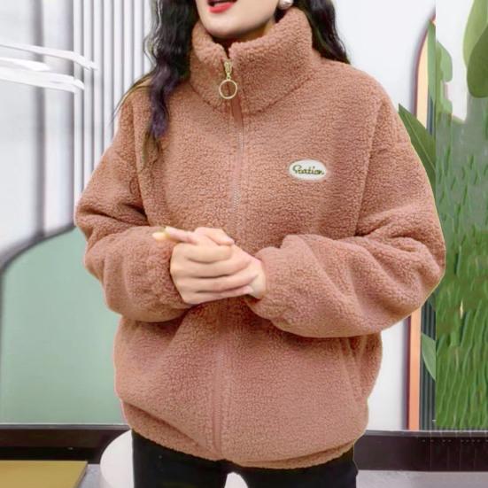 Cappotto invernale in sherpa da donna Fuzzy caldo colletto alla coreana in tinta unita Vestibilità ampia Chiusura con cerniera Doppia tasca con spalle scoperte Cappotto femminile da donna a maniche lunghe