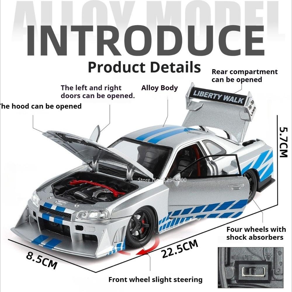 1:24 Gtr-R34 Gtr-S15 Modelauto Speelgoed Legering Carrosserie Rubberen Banden Schokdemping Sportauto's 4 Deuren Openbare Modellen Geweldig Verzamelobject