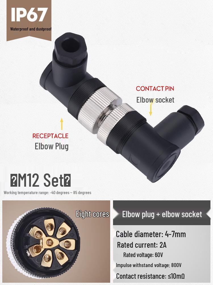 M12 Waterproof Sensor Connector: Male & Female Aviation Plug, 34-Pin, 5-Hole, 8P, Straight & Elbow, Three-Core Socket.