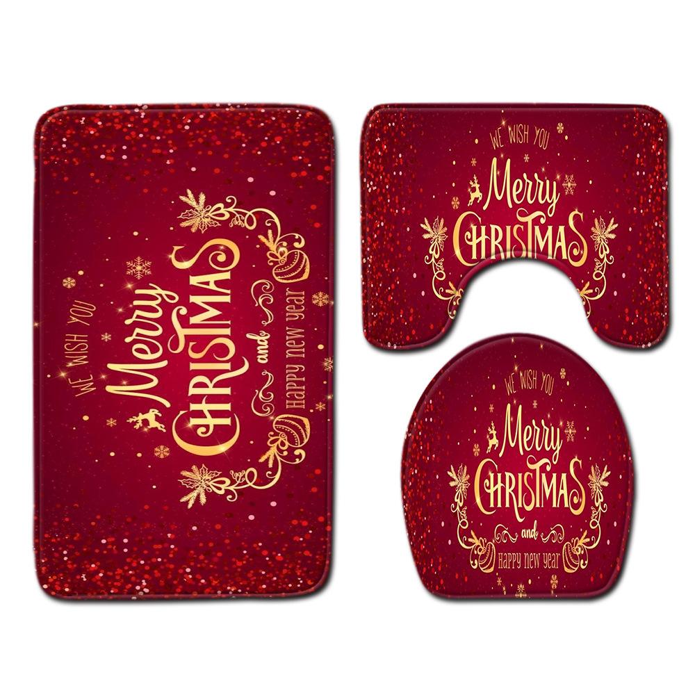 Christmas Toilet Seat Shower Curtain Four-Piece Printed Floor Mat Set Bathroom Floor Mat Bedroom Absorbent Door Mat Carpet