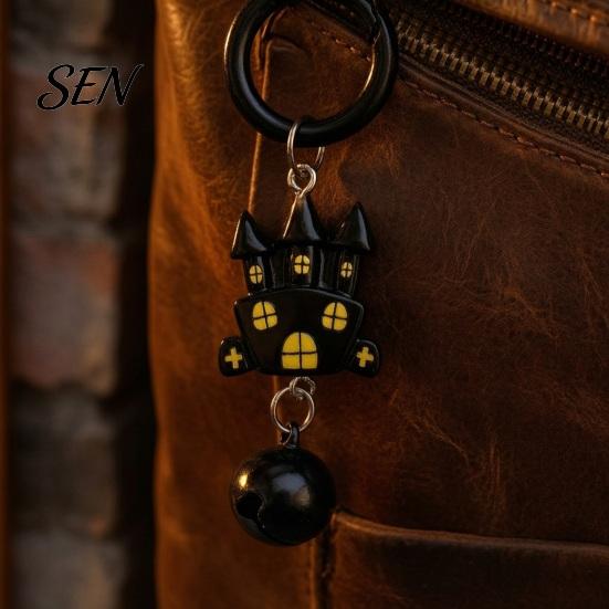 Halloween Themed Keychain Cartoon Bat with Bell, Winged Ghost Castle Seasonal Bag Ornaments Charm, Backpacks Handbags Decoration Accessory,