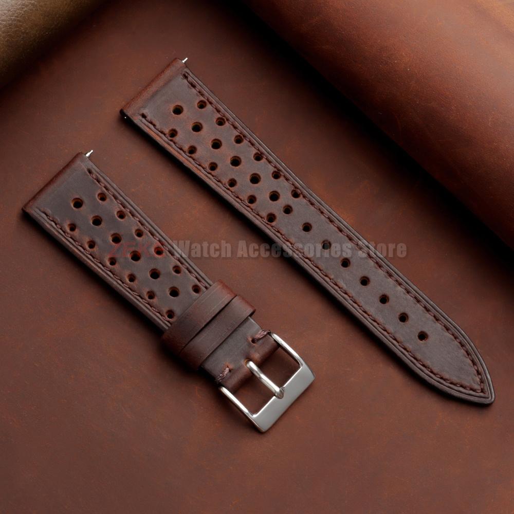 18mm 20mm 22mm Vintage Racing Leather Watchbands 19mm 21mm 24mm Handmade Brown Quick Release Strap Breathable Porous Watch Strap