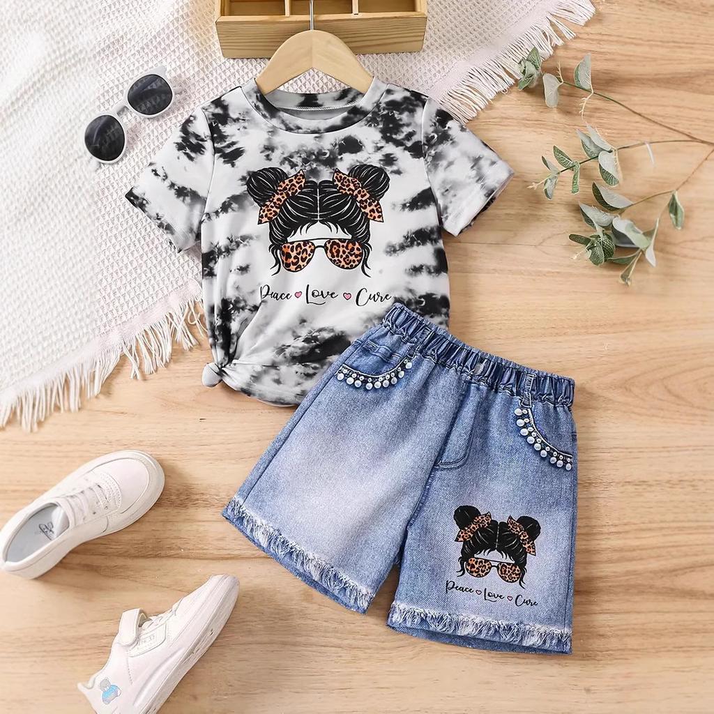 Girls Summer Cartoon Print Suit Without Pockets Fake Denim Shorts T-shirt Top Two-piece Set