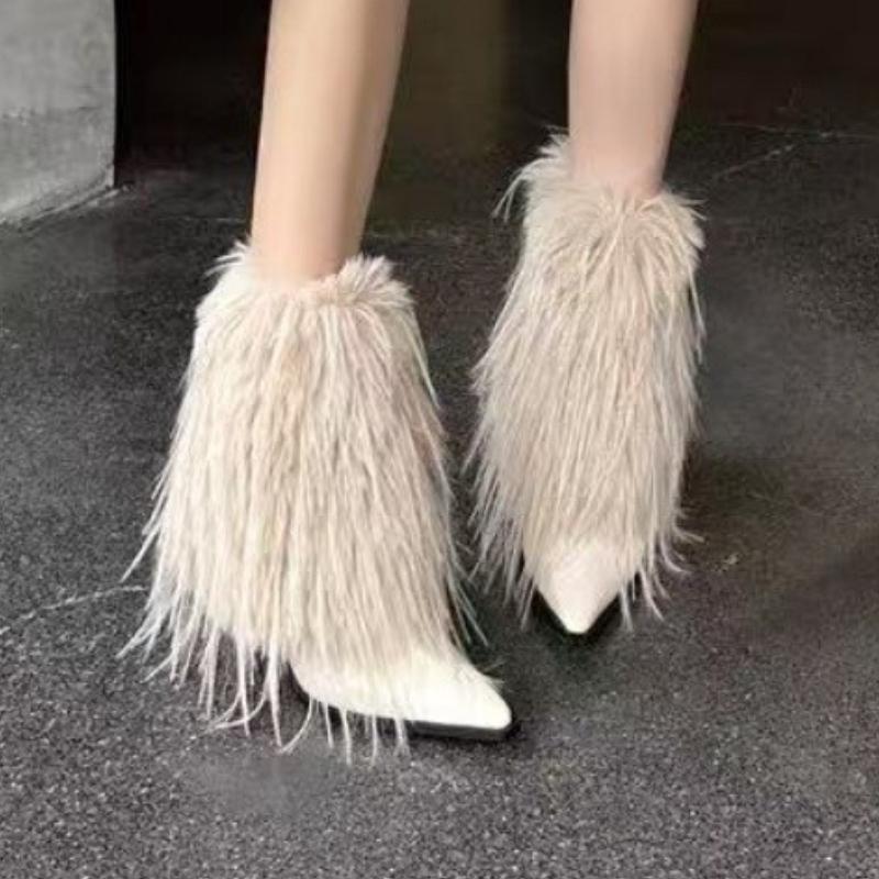 Fashion Fur Women Ankle Boots Sexy Pointed Toe High Heels Shoes Designer 2025 Winter Trend New Fashion Boots Dress Party Woman Pumps