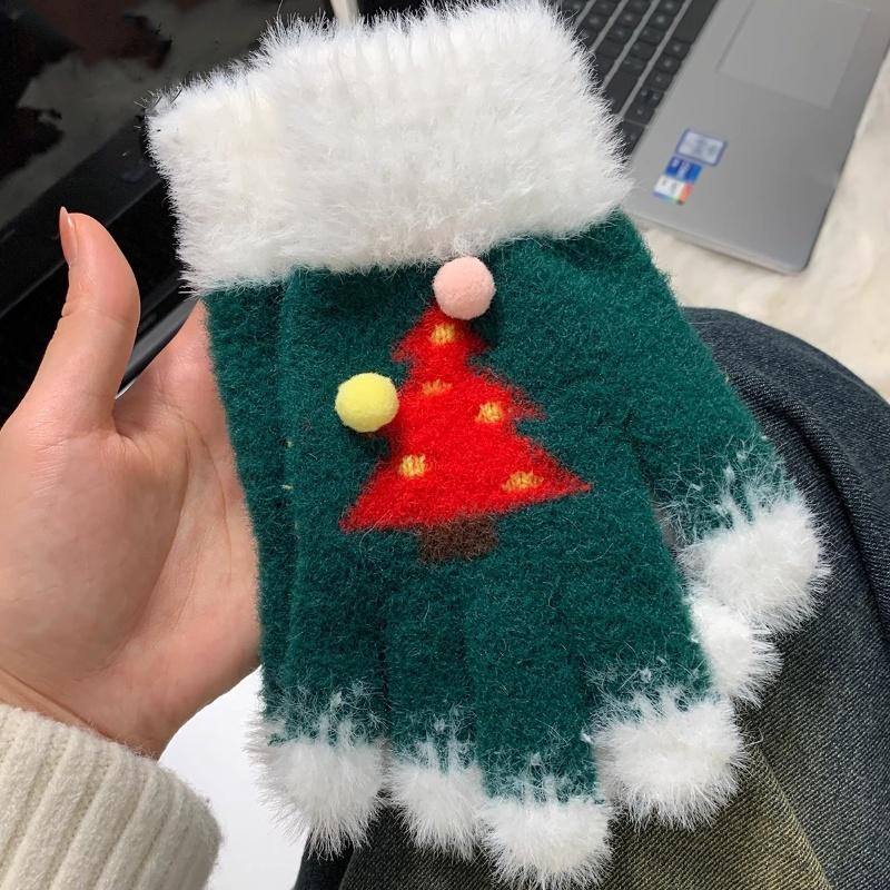 Snowflake Christmas Tree Gloves For Women Winter Plush Warm Thick Gloves Touch Screen Fluffy Fur Cycling Gloves Student Gifts
