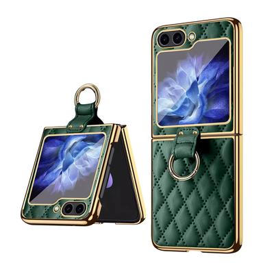 For Samsung Galaxy Z Flip 6 5 4 ZFlip6 Case Luxury Rhombus Leather Ring Holder With Tempered Glass Folding Shockproof Hard Cover