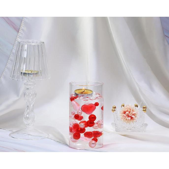 PENTA ANGEL Valentine’s Day Pearl Vase Fillers 150Pcs Pink Red Floating Faux Pearl Beads Acrylic Heart Pieces for Holiday Wedding Home Table