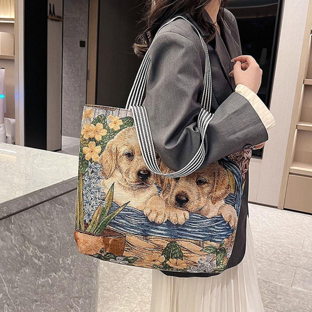 Dog Ethnic Style Handbag Large Capacity Animal Shoulder Bag Portable Cute Cat Cloth Bag  Students