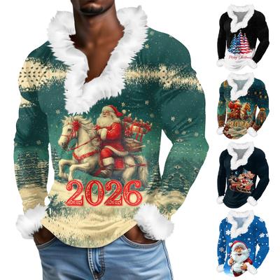 Men's Casual Christmas Printed Plush V-neck And Fleece Long-sleeved Sweatshirt