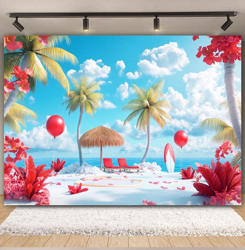 Summer Beach Backdrop Hawaii Tropical Seaside Sunshine Blue Sky Palm Tree Baby Birthday Holiday Party Photography Background
