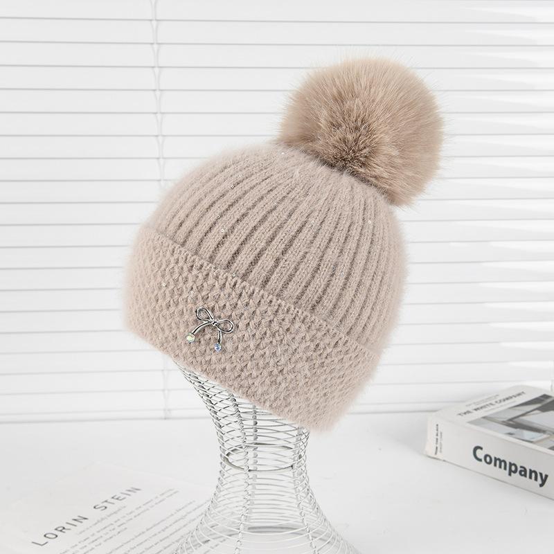 Herbst- und Winter-Bommelmütze Mädchen Lässig Samt Verdickt Ohrenschützer Strickmütze Niedliche Warme Mütze