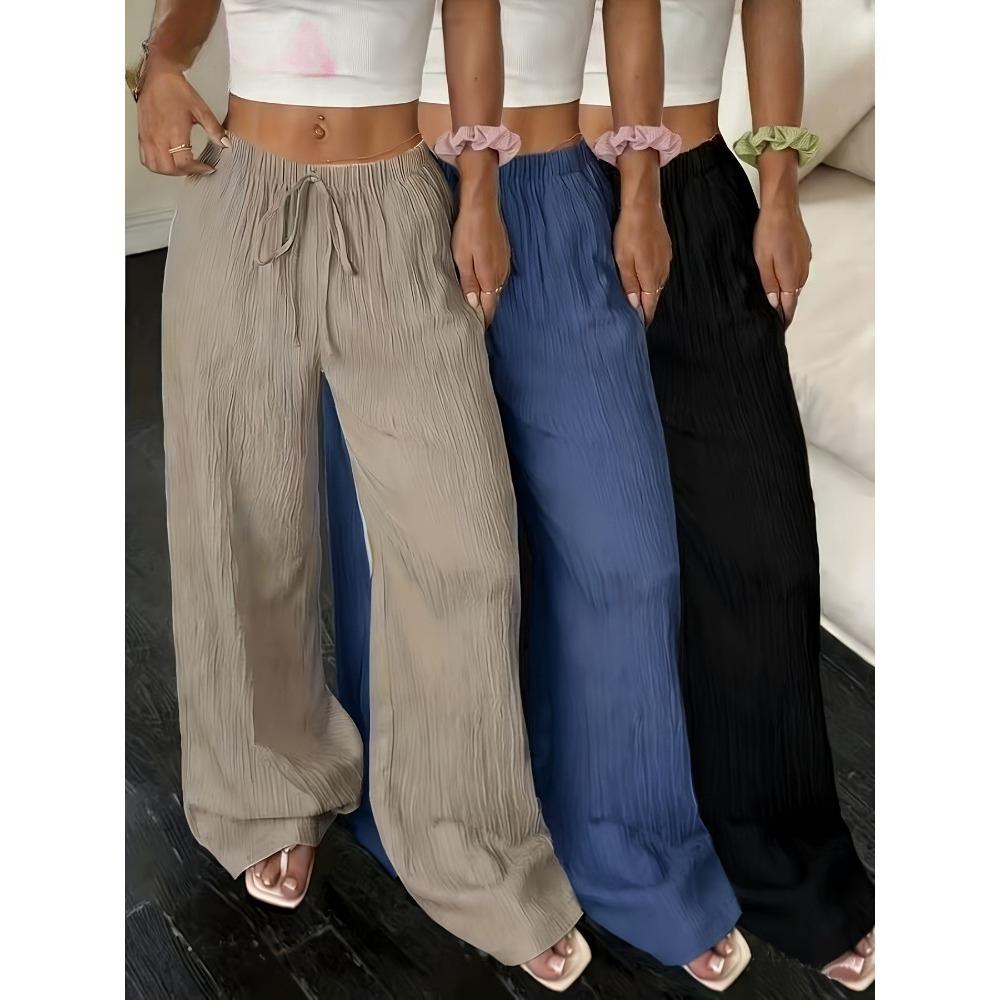 Damen Uni Strukturierte Weite Hosen, Knoten Taille Schrägtasche Lässige Lockere Hosen