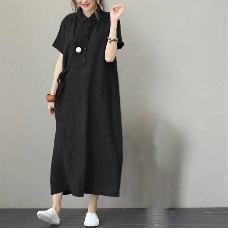 IHUASU Fashion Summer Spring Solid Color Print Short Sleeve POLO Neck Casual Dresses