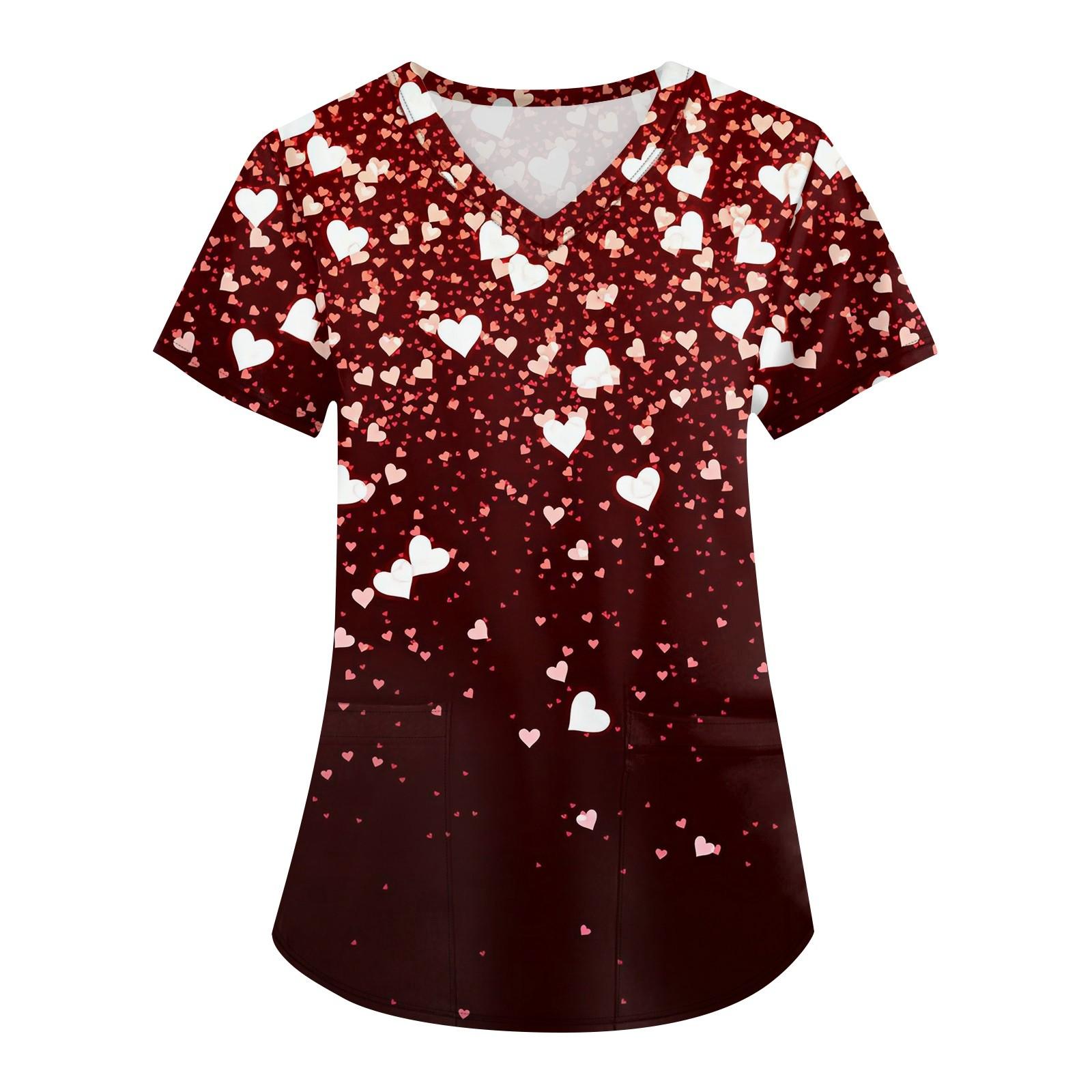 

Женская мода, рабочая одежда с v-образным вырезом, короткими рукавами и карманами, топы с принтом ко Дню святого Валентина S