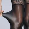 Shimmering High Elastic Over Knee Socks Breathable Design With Decorative Lace Edging Glossy Sheer Thigh High Stockings