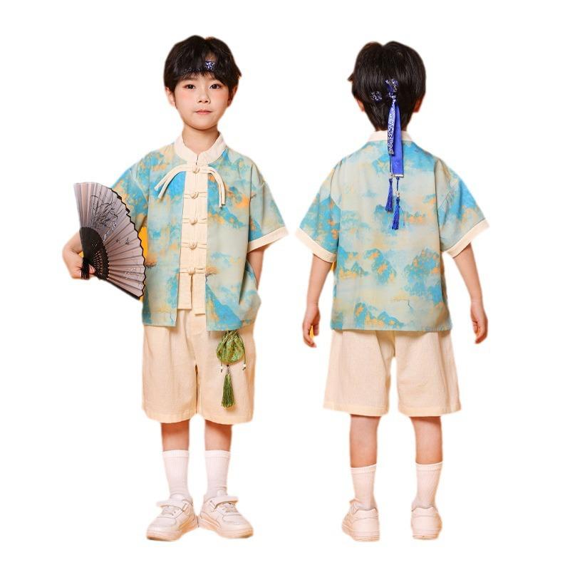 Children, Performance Clothes, Kindergarten Dance Costumes, Landscape Painting, Short-Sleeved Girls' Pleated Skirts