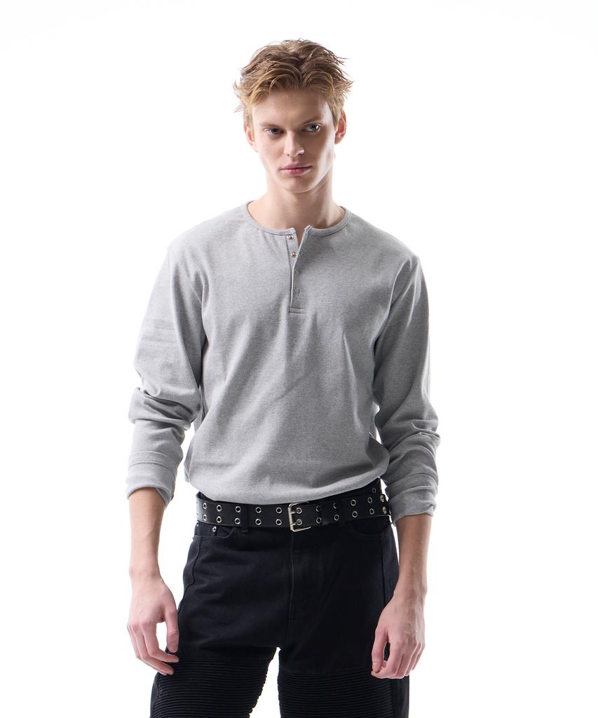 LEARVE Titan Snap Henley Neck T-Shirt Gray