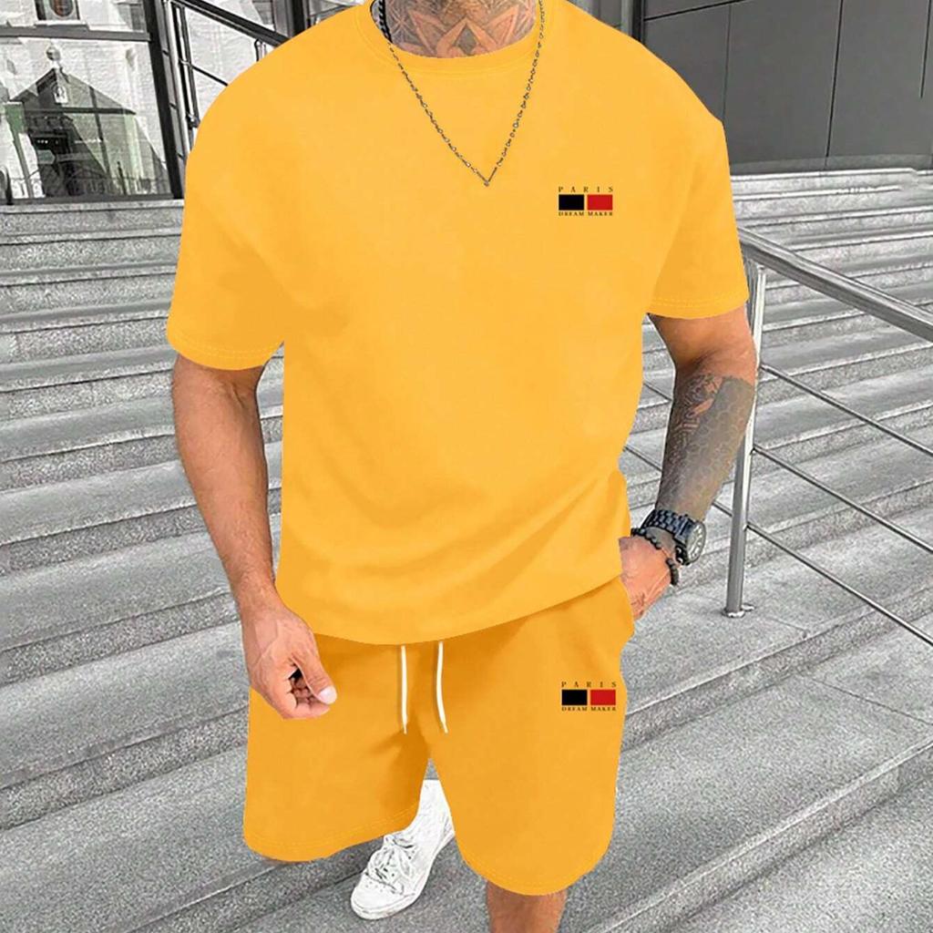 Arrival Summer Tracksuit for Men Solid Color Paris Short Sleeve T Shirt Shorts 2 Piece Set Oversize Casual Suit Male Clothes