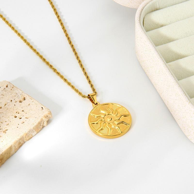 European and American retro niche plated 18K gold sun round brand pendant twist chain necklace stainless steel fashion sweater chain women