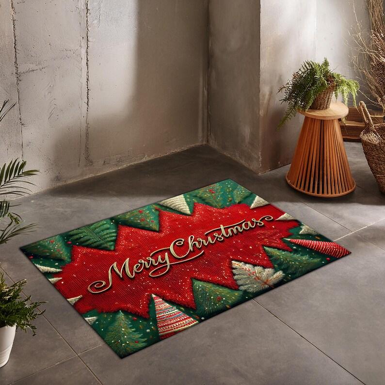 Christmas Tree Print Area Rug, 2026 Holiday Decor Mat with Merry Christmas Design for Xmas Home Gift
