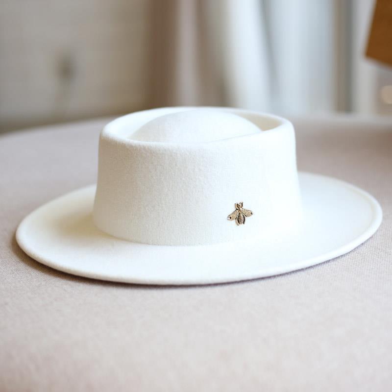 Bee pure wool wide brim concave top hat women's fashion retro British style jazz hat women's autumn and winter