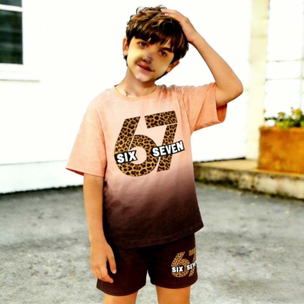 Leopard Gradient 67 Printed Kids T-shirt and Shorts 2 Piece Set Summer Casual Outfit for Boy's and Girl's Kids Clothing Top