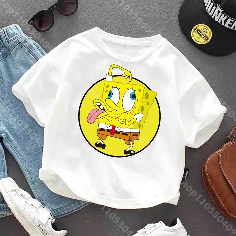 Shortsleeve Tshirt for Children of SpongeBobcotton Jersey with Anime Character Print Casual Summer Tshirts with Round Neck