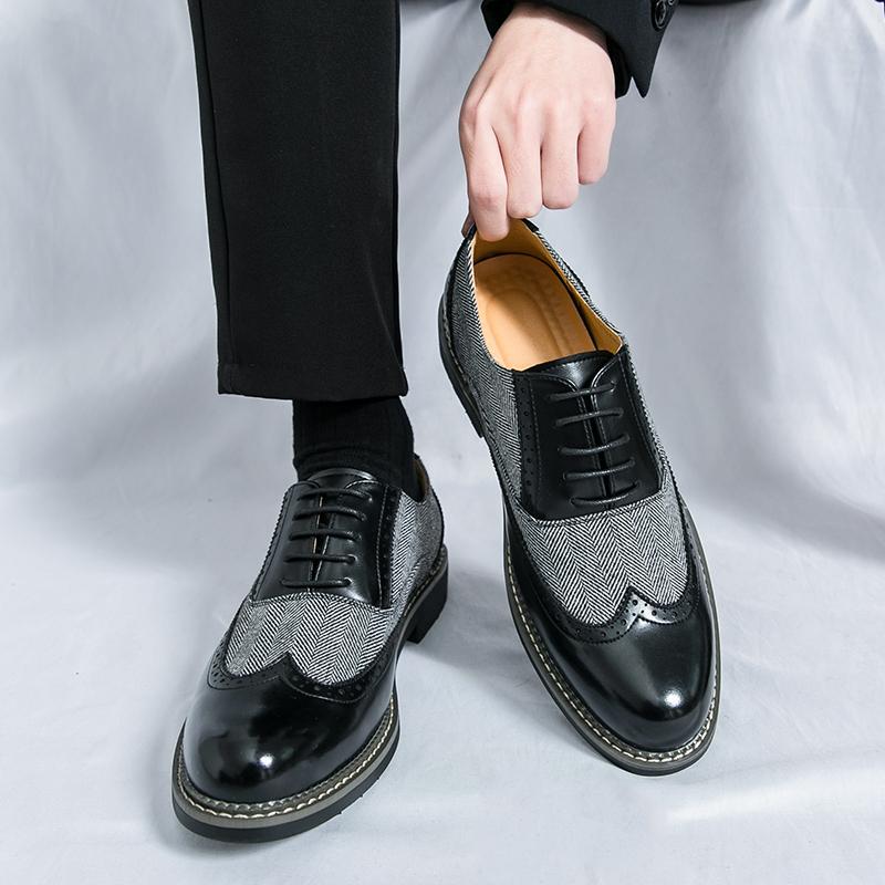 Fashion Brand New Men Comfortable Pointed Carving Leather Shoes Spring Fashion Versatile Business Lace Block Color Blocked Leather Shoes