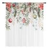 Cortinas de tul transparentes para ventanas, salas de estar, cocinas, cortinas de gasa con bolas de Navidad, hojas de abeto y flor de pascua