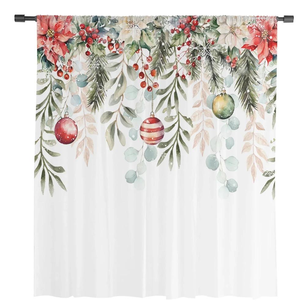Cortinas de tul transparentes para ventanas, salas de estar, cocinas, cortinas de gasa con bolas de Navidad, hojas de abeto y flor de pascua