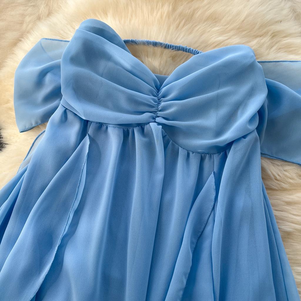 Summer Women Sexy Strapless Open Back Long Maxi Ruffles Chiffon Irregularly Seaside Beach Dresses