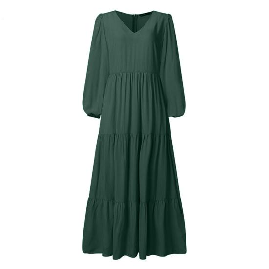 Dames Lente Herfst Jurk Ronde Hals A-lijn V-hals Geplooide Lange Mouwen Effen Kleur Grote Swing Uitgaan Shoppen Vakantie Maxi Jurk