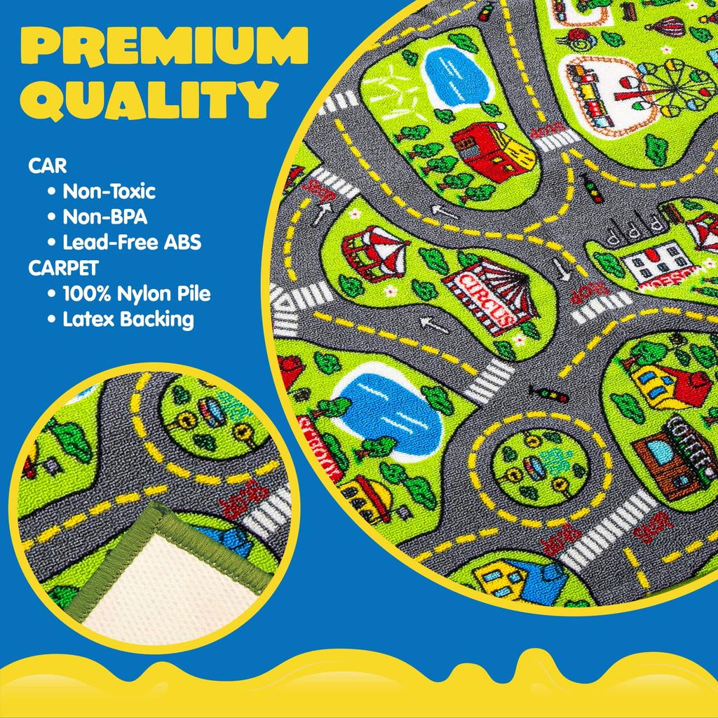 Joyfy Kids Play Rug With Durable 12 Pull-Back Vehicle City Car Track Playmat Rug for Kid Best Birthday Christmas Gift