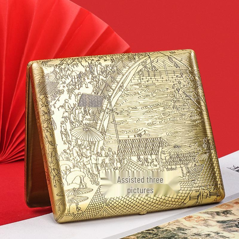 Double Gun Qingming Shanghe Tu 20-Capacity Cigarette Case - Personalized, Portable, Moisture-Proof Men's Gift Box