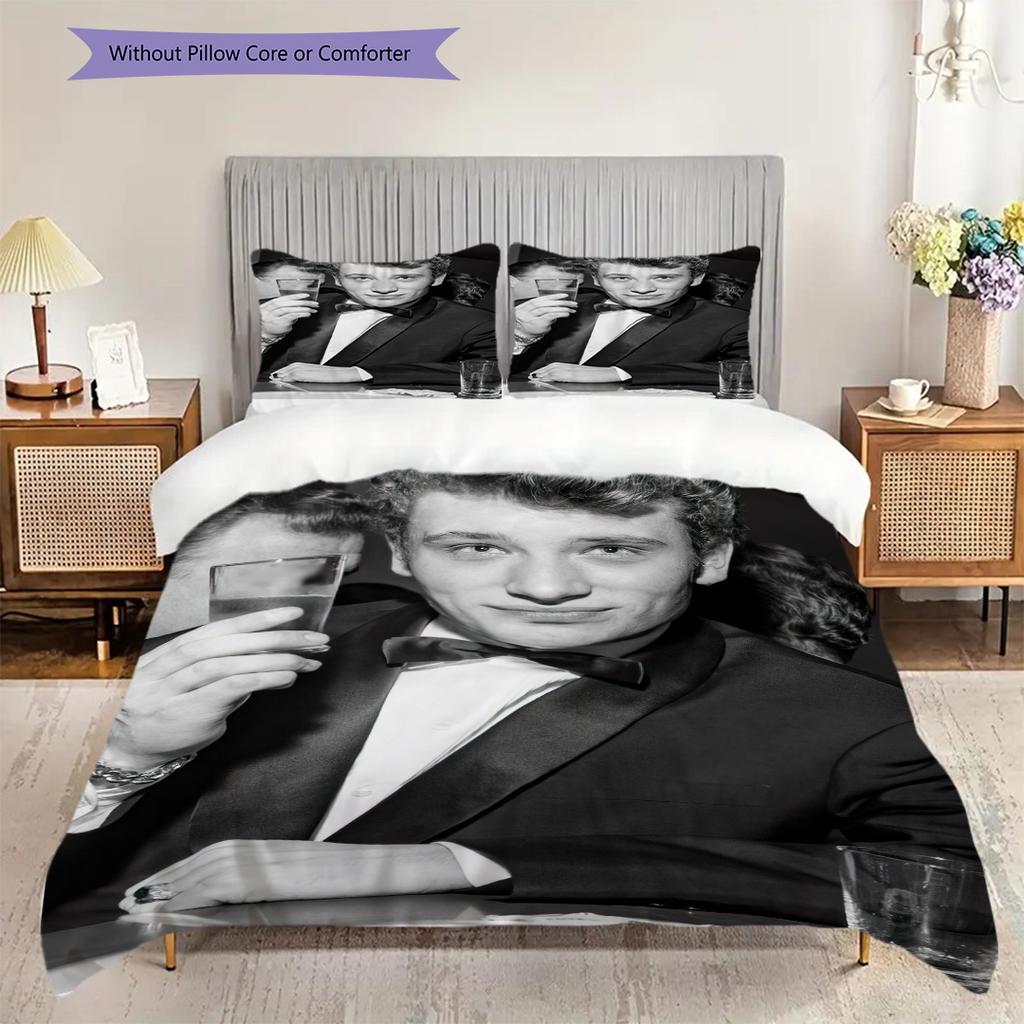 Black and white retro Johnny Hallyday bedding, duvet cover, pillowcase, home decoration, birthday gift (1 * duvet cover+2 * pillowcase, coreless)