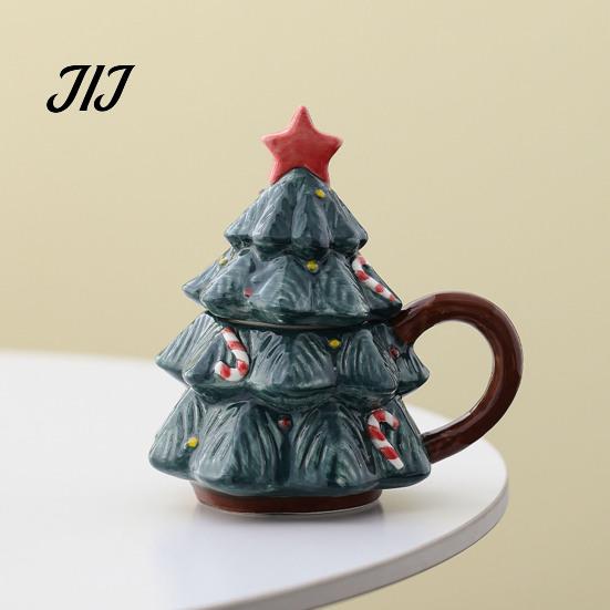 Christmas Tree Coffee Mug with Star Lid, 340ml Festive Holiday Cup for Hot Themed Beverage Drinkware Cocoa And Milk, Retro Curved Handle Microwave