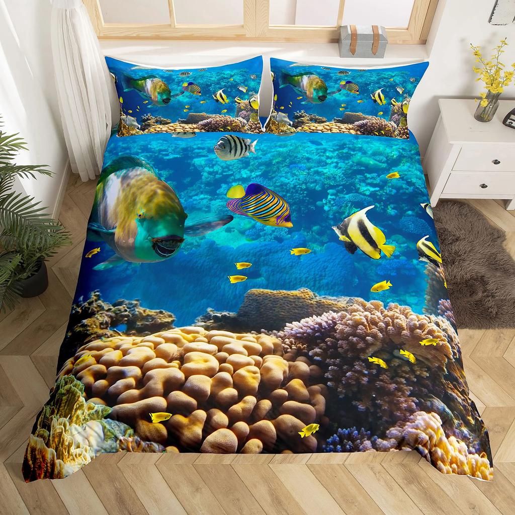 2/3pcs Fish Duvet Cover Set Ocean Bedding Sets 3D Printed Underwater World With Shark Dolphin Coral Reef Pattern Quilt Cover Set
