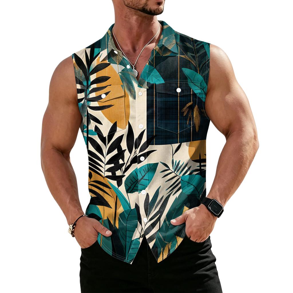 Men's Workwear Lapel Button-Down Vest Shirt - Lightweight Sleeveless Top