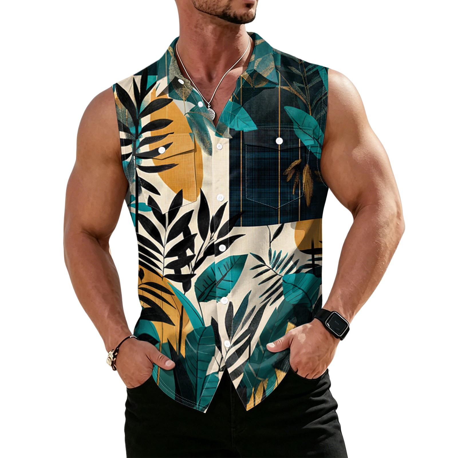 Men s Workwear Lapel Button-Down Vest Shirt - Lightweight Sleeveless Top L темно-зеленого