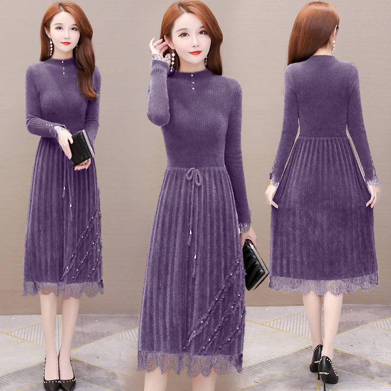 

Осенне-зимние платья длиной до колена Женские сетчатые платья-свитера Кружевные вязаные платья Пуловеры с полувысоким воротником S