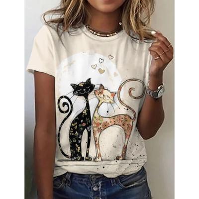 Zomer Ronde Hals 3D Kat Print Top Modieuze Casual T-shirts met Korte Mouwen voor Dames