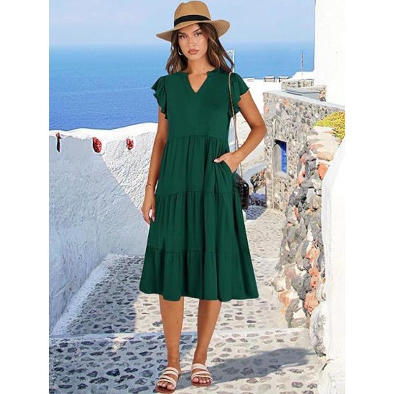 Women's V-neck Lotus Leaf Sleeve Medium and Long Splicing Pendulum Pocket Dress