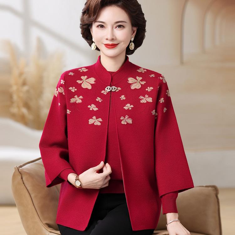 

Middle-aged and Elderly Women s Autumn and Winter Sweater Cardigan Jacket Mother Spring and Autumn New Knitted Two-piece Set XL