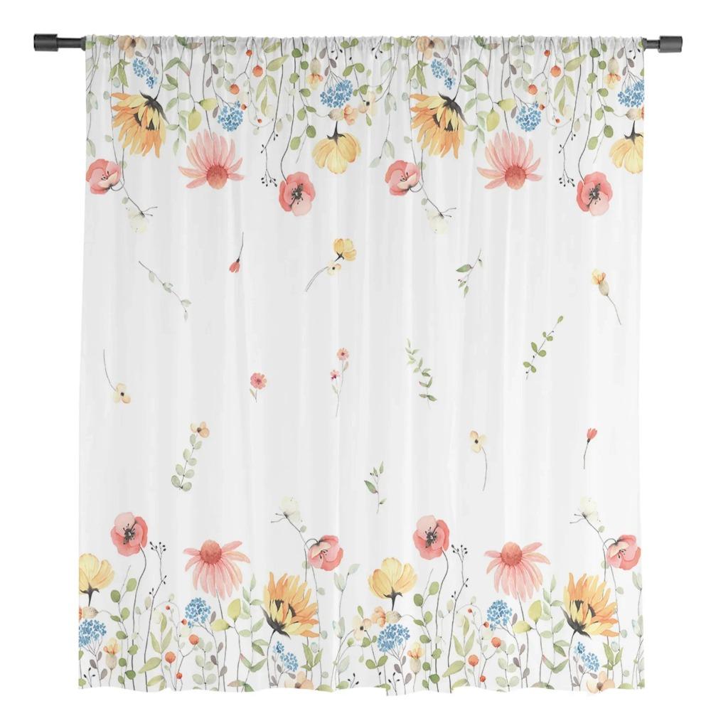 Spring Season Watercolor Flower Leaves Sheer Drapes for Living Room Decoration Window Curtain Kitchen Curtain Panels
